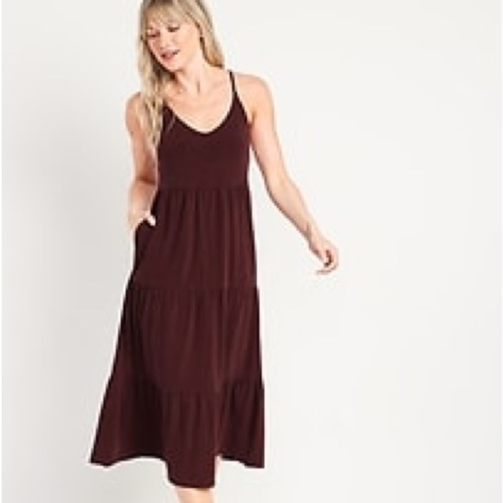 NWT Old Navy Tiered Slub-Knit Midi Cami Swing Dress - Medium - Burgundy